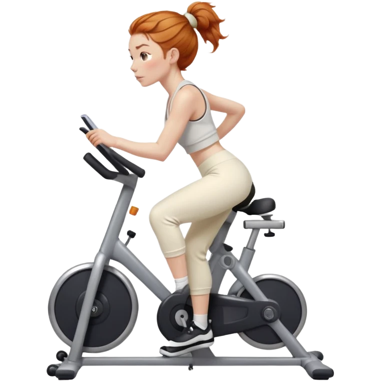 Gorgeous Ginger girl messy bun riding stationary bike cream sweatpants emoji