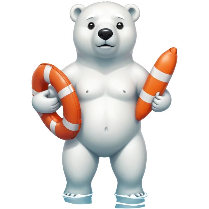 full body friendly anthropomorphised polar bear wearing swim shorts and swim goggles, standing in water, holding a life buoy emoji