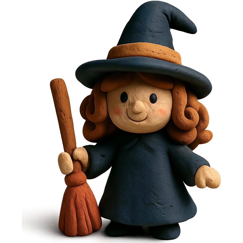 claymation style witch with caramel brown curly hair emoji