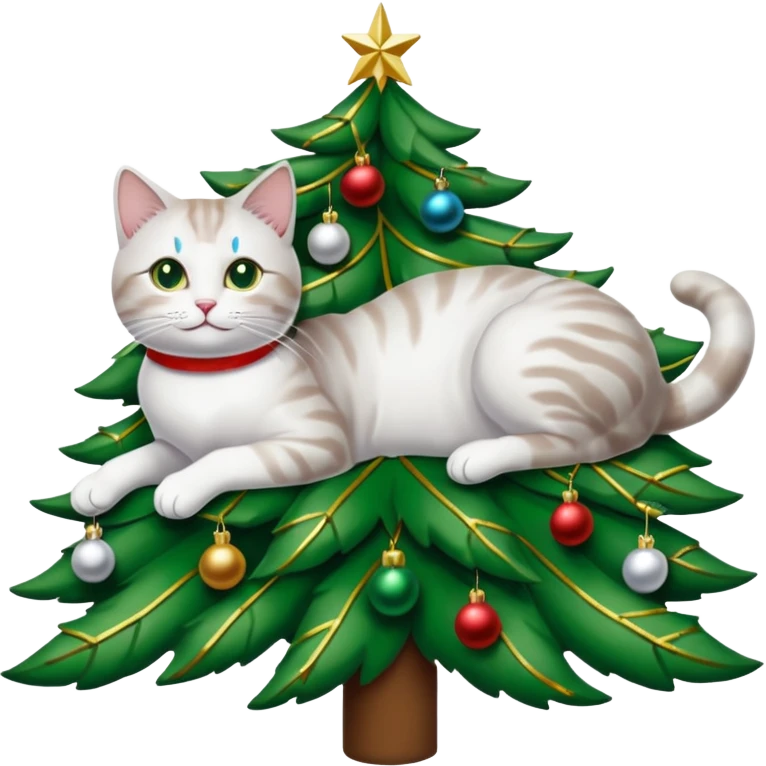 grau weiße Katze im geschmückten Weihnachtsbaum mit Lametta um sich rum und unten liegen ein paar Weihnachtskugeln emoji