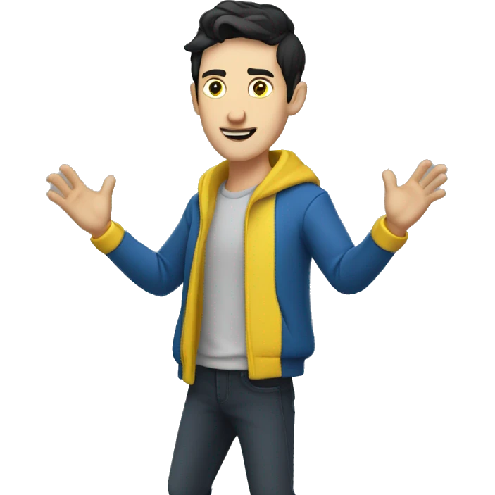 HALF BODY CAUCASIAN GUY WITH SOFT BLACK SHORT HAIR WITH BLUE COAT AND YELLOW INNER SHIRT SHOWING HIS DANCE MOVES emoji