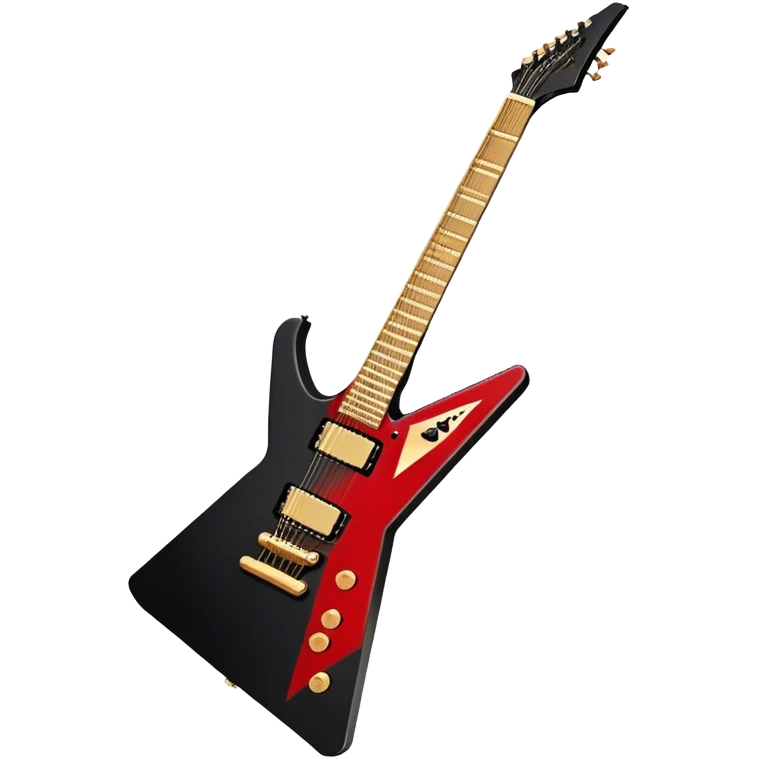 Create a bold and dynamic emoji representing the Epiphone Dave Mustaine Flying V Custom electric guitar. The design should feature the sharp, iconic V-shaped body of the guitar, with a custom finish reflecting Dave Mustaine’s signature style. Add intricate details like gold or chrome tuning pegs and pickups, with subtle graphics or patterns that reflect the aggressive, heavy metal aesthetic. Use a color palette of black, gold, and red, with a touch of metallic sheen for the high-end finish. The background should be transparent to emphasize the guitar's iconic shape emoji