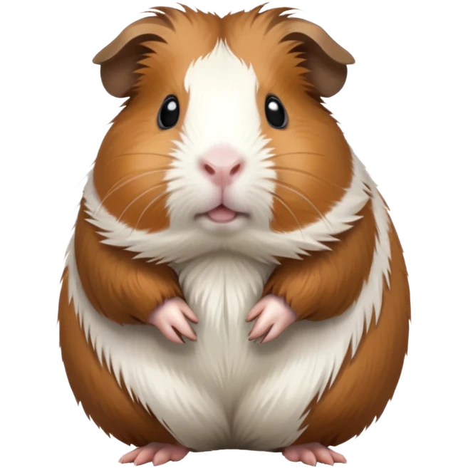 cinematic-[guinea pig]-realistic-full-body-standing-emoji,-tiny-paws-tucked-close,-head-tilted-dramatically,-fluffy-[brown and white]-fur,-simplified-yet-realistic-focused-features,-highly-detailed,-glowing-with-an-almost-sarcastic-glow emoji