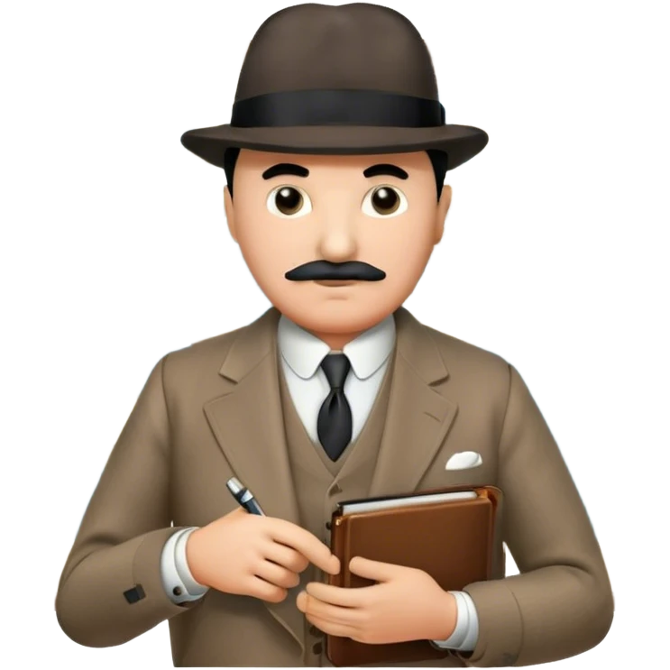 A cinematic-style frame showing Hercule Poirot in his iconic suit with a notebook in a dramatic detective pose. Background should be mysterious city, map, a board with photos of suspects, clues like fingerprints. Transparent background. emoji