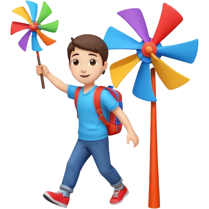 cute boy carrying a toy windmill backpack, colorful windmill spinning on the back, happy expression, casual outfit, 3D cartoon, mobile game icon style, clean background, no text, no watermark
 emoji