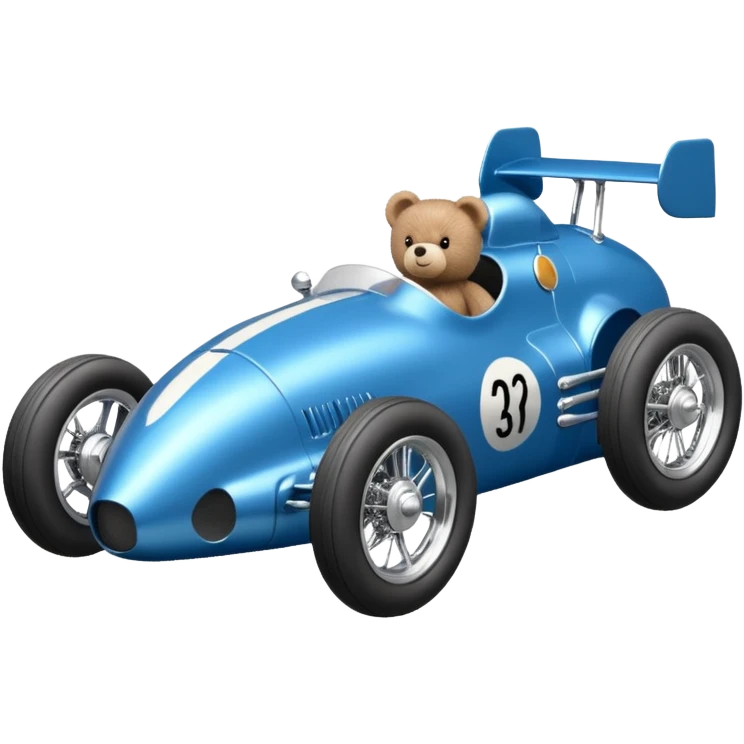 Metallic blue and lightly chrome-accented Antique-looking  kid-sized race car for teddy bear with custom aero body and rear wing and motorcycle wheels  emoji