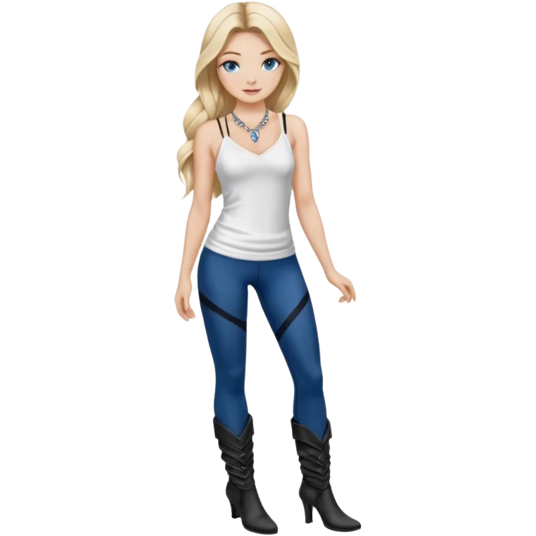 2yk Blonde model silk balayage long hair herringbone braid women with blue eyes wearing White Spaghetti top and black Leggins and Boots with heels and a Subtle rhinestone necklace  emoji