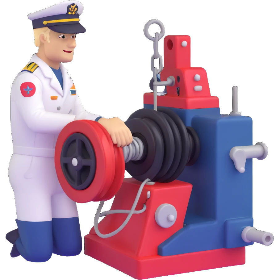 Russian sailor with captain hat operating a winch on oceanography research vessel emoji