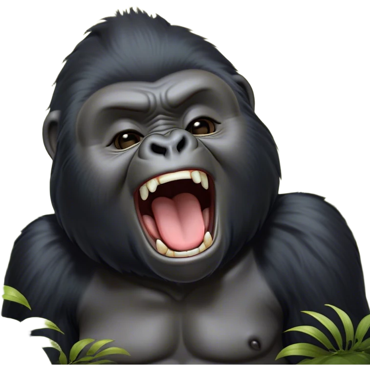 Cinematic Cute Yawning mountain Gorilla Portrait Emoji, Head tilted slightly with a dramatic, wide-open yawn, showcasing a formidable build with a black and greyy mane and drowsy, half-closed eyes, Simplified yet irresistibly adorable features, highly detailed, glowing with a soft, cozy jungle glow, high shine, relaxed yet expressive, stylized with a dash of whimsical primate charm, soft glowing outline, capturing the essence of a drowsy yet affectionate guardian that appears ready to stretch out for a nap! emoji
