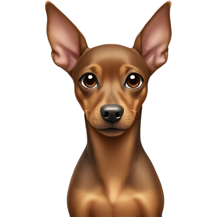 Fully tan miniature pinscher with thick neck with a white stripe in the center, and outward long ears  emoji