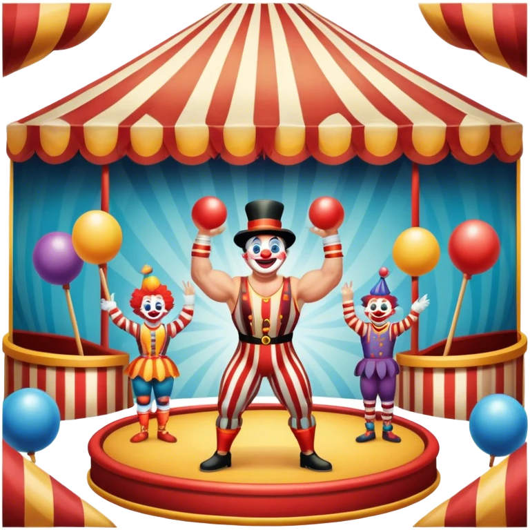 Icon for Circus Arts: a vibrant round circus arena with a strongman in a striped costume,  juggler and a clown performing. The icon should convey the excitement and fun of circus performances, with focus on the performers and the colorful setting. Transparent background. emoji