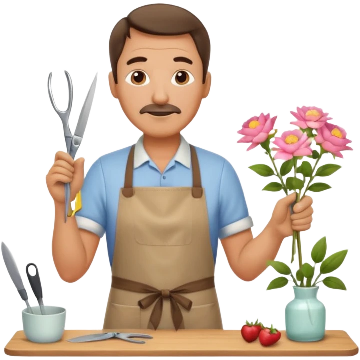 Middle-aged male florist – apron on, trimming stems with scissors emoji