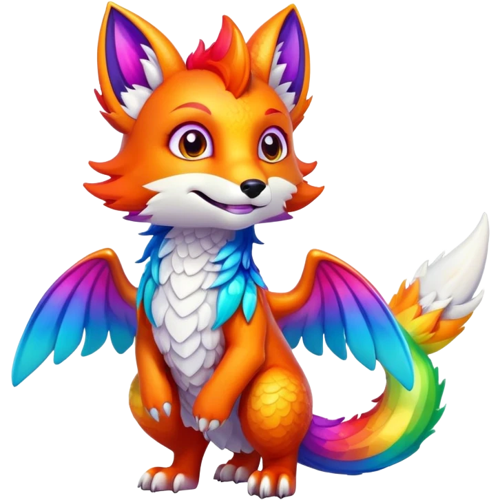 Cartoon Fox dragon hybrid with wings face front full body rainbow colored emoji