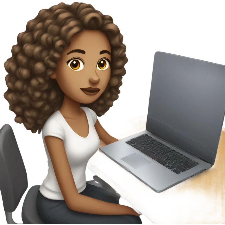 Mixed girl with brown hair in a half up half down hairstyle typing on laptop emoji