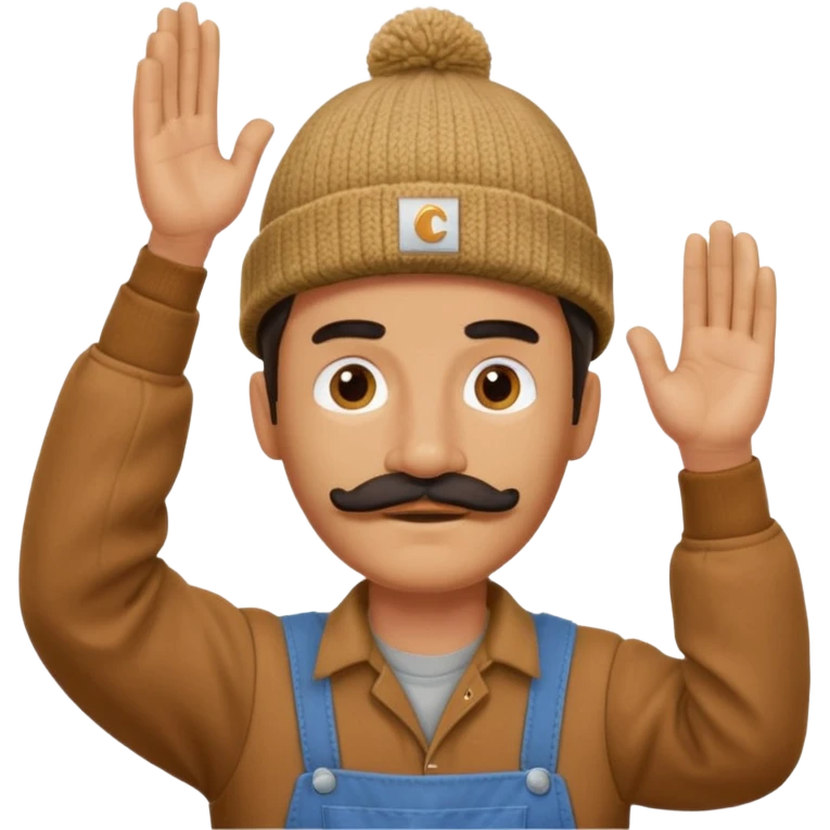 Woodworker thick straight mustache knit cap Carhartt shirt, one hand raised above head small eyes emoji