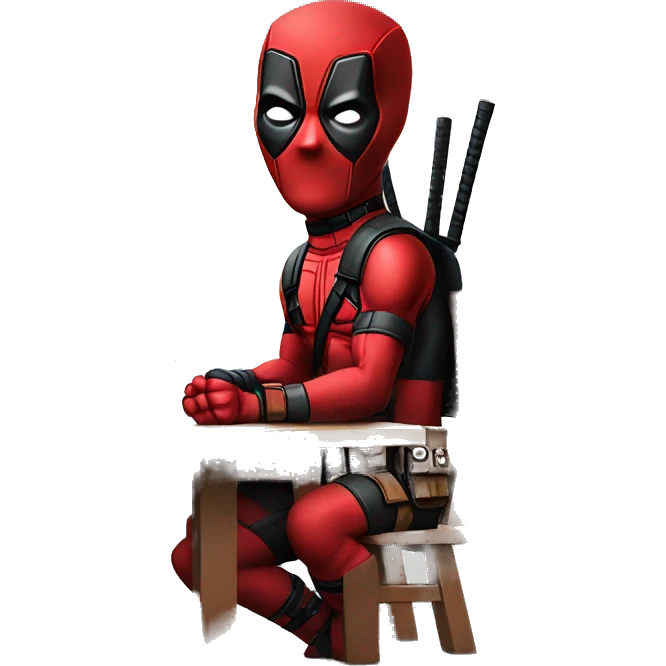 Cute Deadpool sitting at a desk, front view emoji