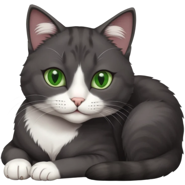 beautiful female solid dark grey cat with green eyes, white toes/paws and white patch on her chest lying down emoji