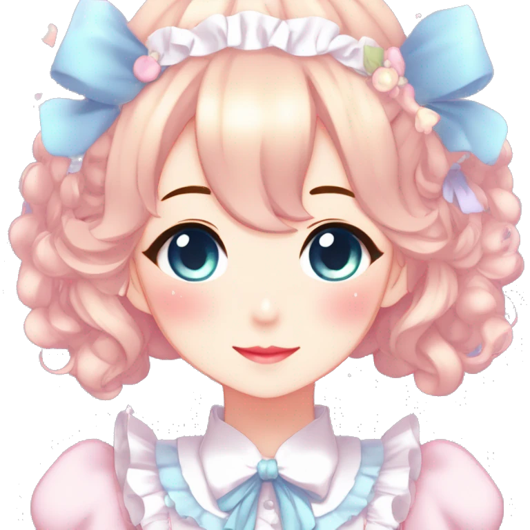 Gorgeous anime style lady blushing face maid outfit Lolita idol model colorful shiny sparkle kawaii pastelcore cottagecore pearly petite simplistic aesthetic trending style emoji