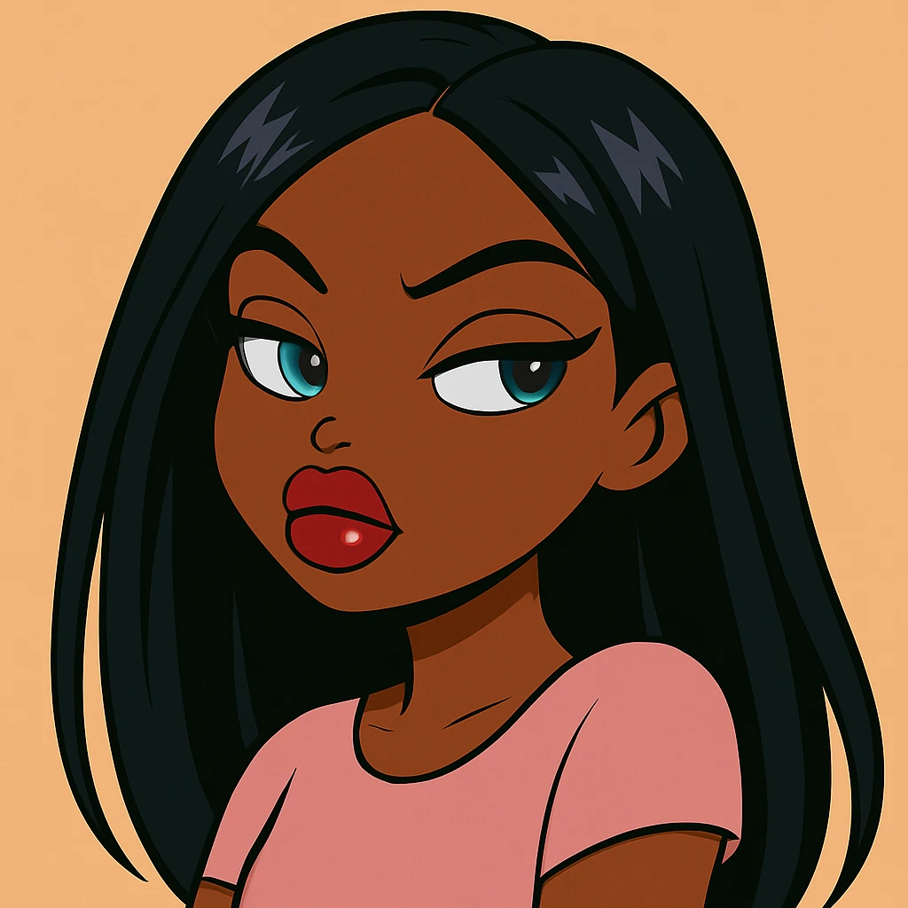 Change her pose to a side-eye, headshot only, 20-year-old anime Bratz style woman with dark skin, straight hair, more casual outfit, big expressive eyes, glossy lips, no hat, no tears, confident and aloof expression, snooty attitude, nose turned up. Render in anime Bratz style with emphasis on glossy lips and big expressive eyes, confident and aloof expression, no hat, no tears. emoji