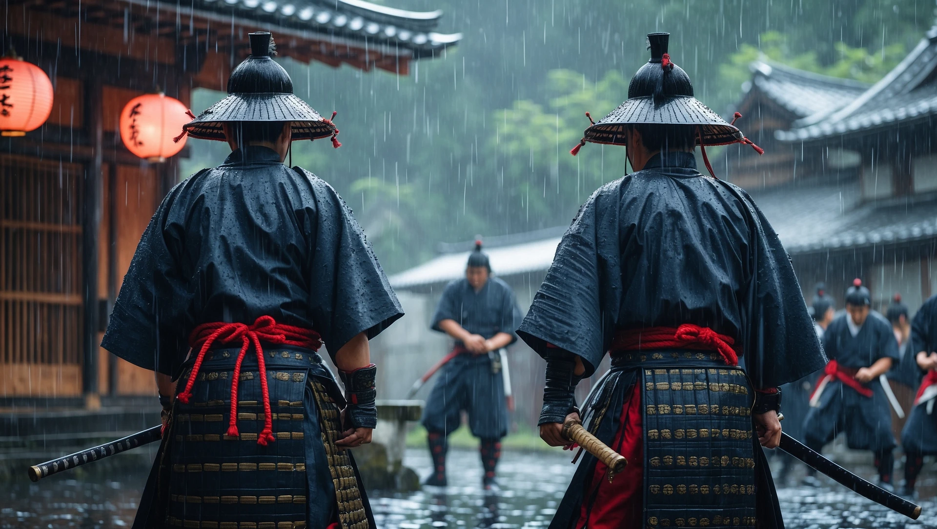 A cinematic scane of a two japan samurai ready to fight during rain, deph composition, tense atmosphere, shot by arri alexa emoji