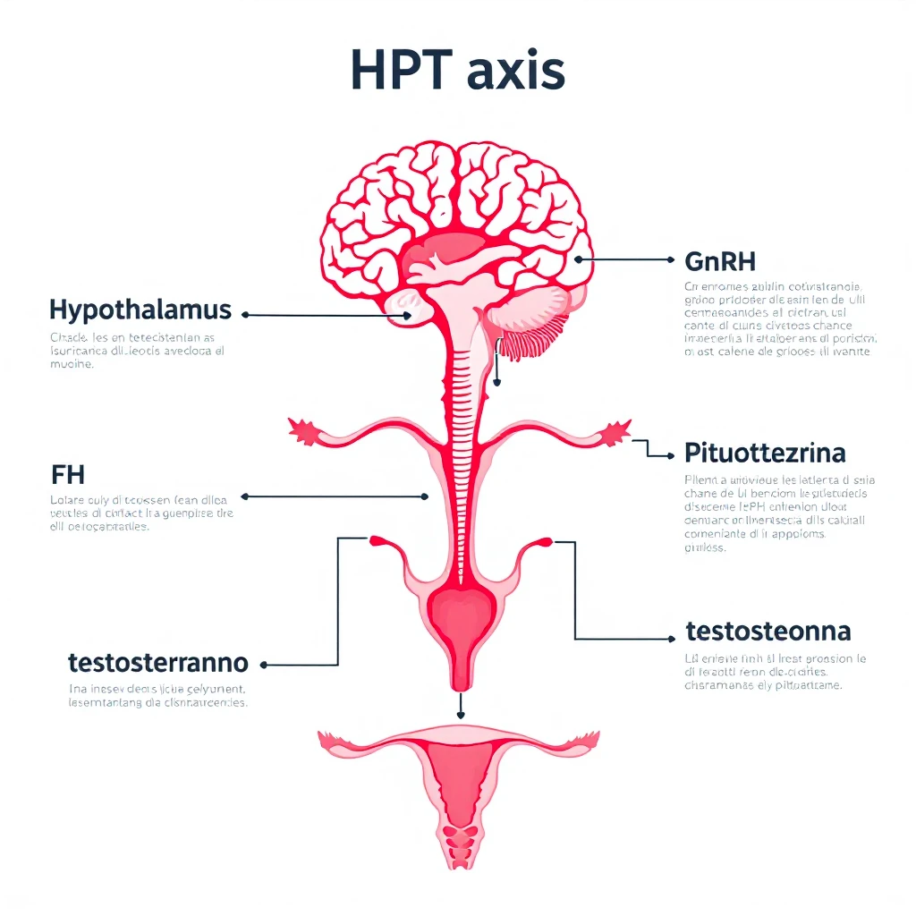 clear and realistic infographic of the HPT axis (hypothalamus-pituitary-testes): showing hypothalamus, pituitary gland, and testes connected by arrows, including hormone names (GnRH, LH, FSH, testosterone), simple diagram, distinct colors for each part, scritte in italiano emoji