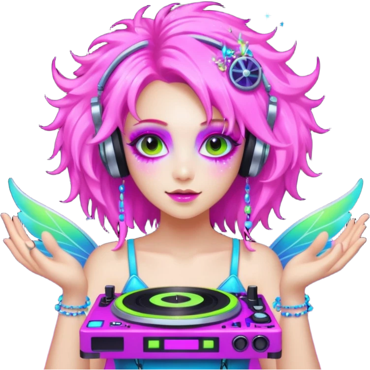 hard techno rave fairy, holding a DJ turntable, wild hair, neon sparkles, minimal background emoji