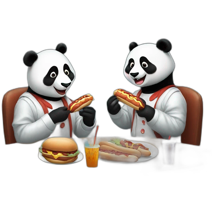 The assistant professor and a panda in clown makeup are sitting and eating hotdogs with shrimp emoji