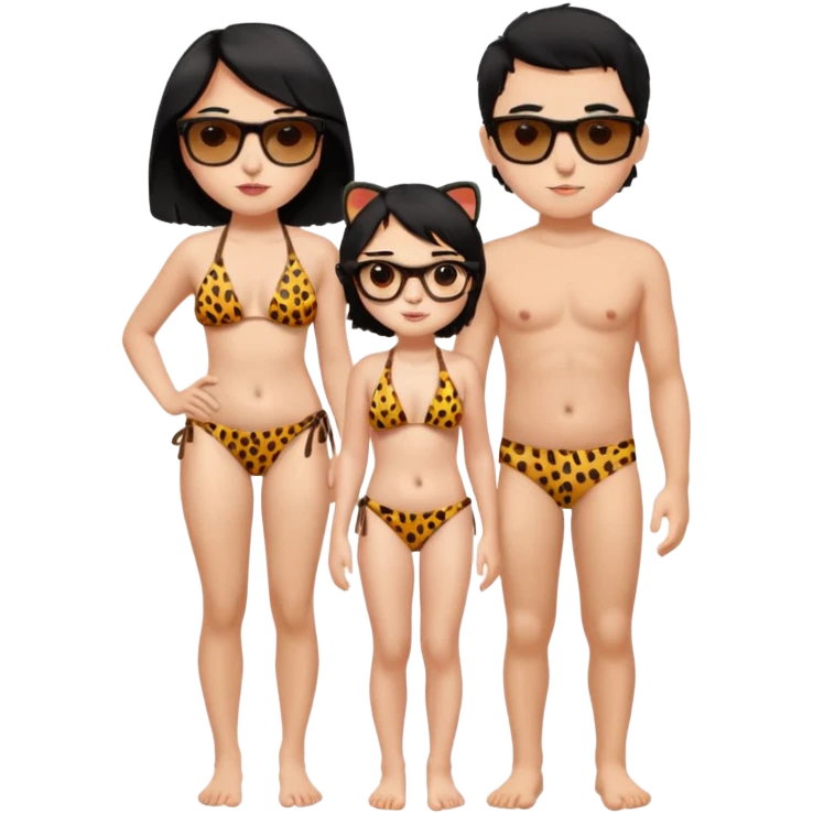black haired girl with big boobs with shades on... wearing a cheetah print bikini standing with a boy with black hair wearing glasses and shirt less emoji