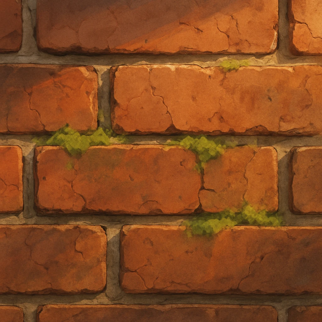 close-up of a brick wall in ghibli style, warm sunlight, moss between some bricks, red and brown tones, rough texture, visible mortar, slight weathering, cracks emoji