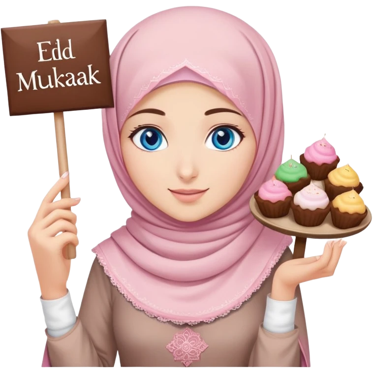 Turkish beautiful finish Konya girl blue eyes with powder pink brown hijab islamic dress and had on her hand text Eid Mubarak with sweets and celebrating with her friends eid days   emoji