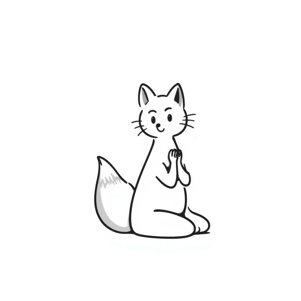 A naked anime fox girl with a fluffy fox tail and ears sits on her knees with an ahegao face. Her arms are folded in front of her chest, making her look like a cute fox emoji
