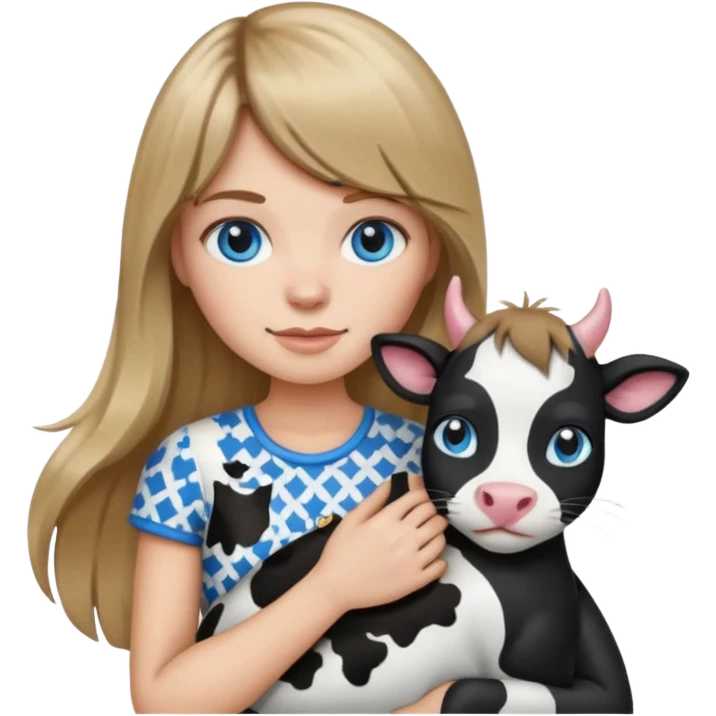 Apple-style emoji sticker of a young woman with long dark blond hair and bang, blue eyes , holding a cat black and white like a cow patch on her chest.  emoji