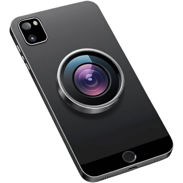 Minimalistic flat vector icon, iOS style, thin black contour on white background. Smartphone with a camera lens symbol. No text, no shadows.
 emoji
