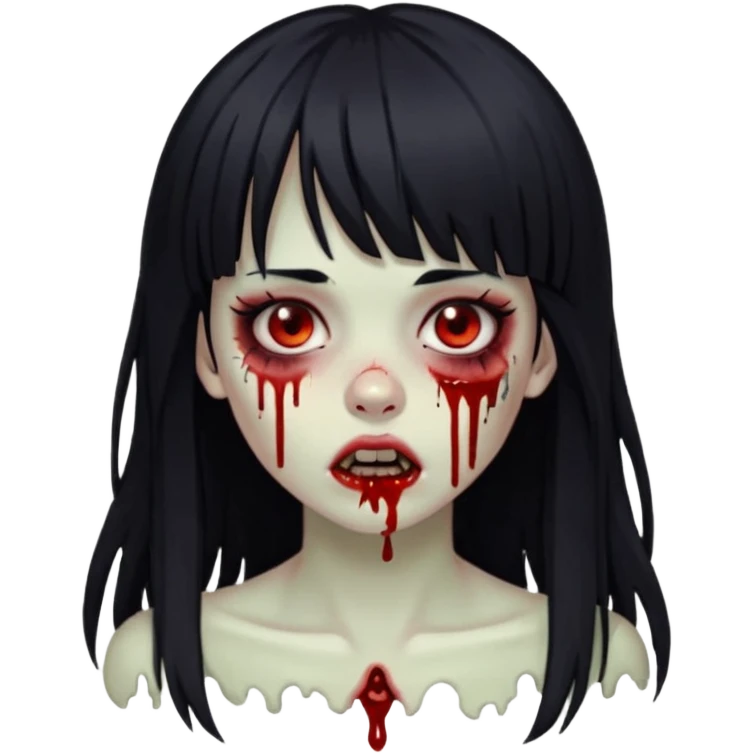 emoji de zumbi garota com franja piercing no nariz e sangue com o fundo preto cabelo grande e preto emoji