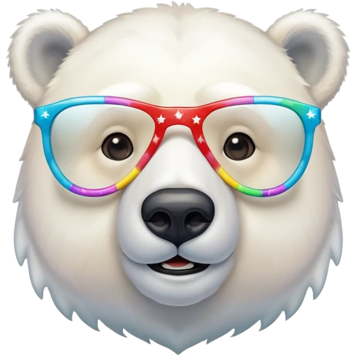 close up headshot of a friendly anthropomorphised polar bear wearing oversized colorful star glasses emoji
