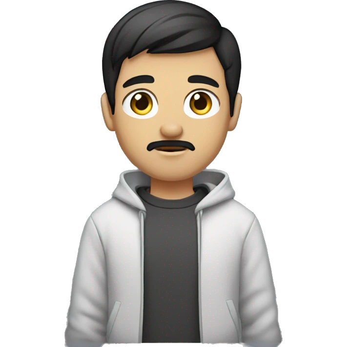 gamer boy with short shaved black hair, shaved goatee and mustache, black eyes and a sweatshirt. emoji