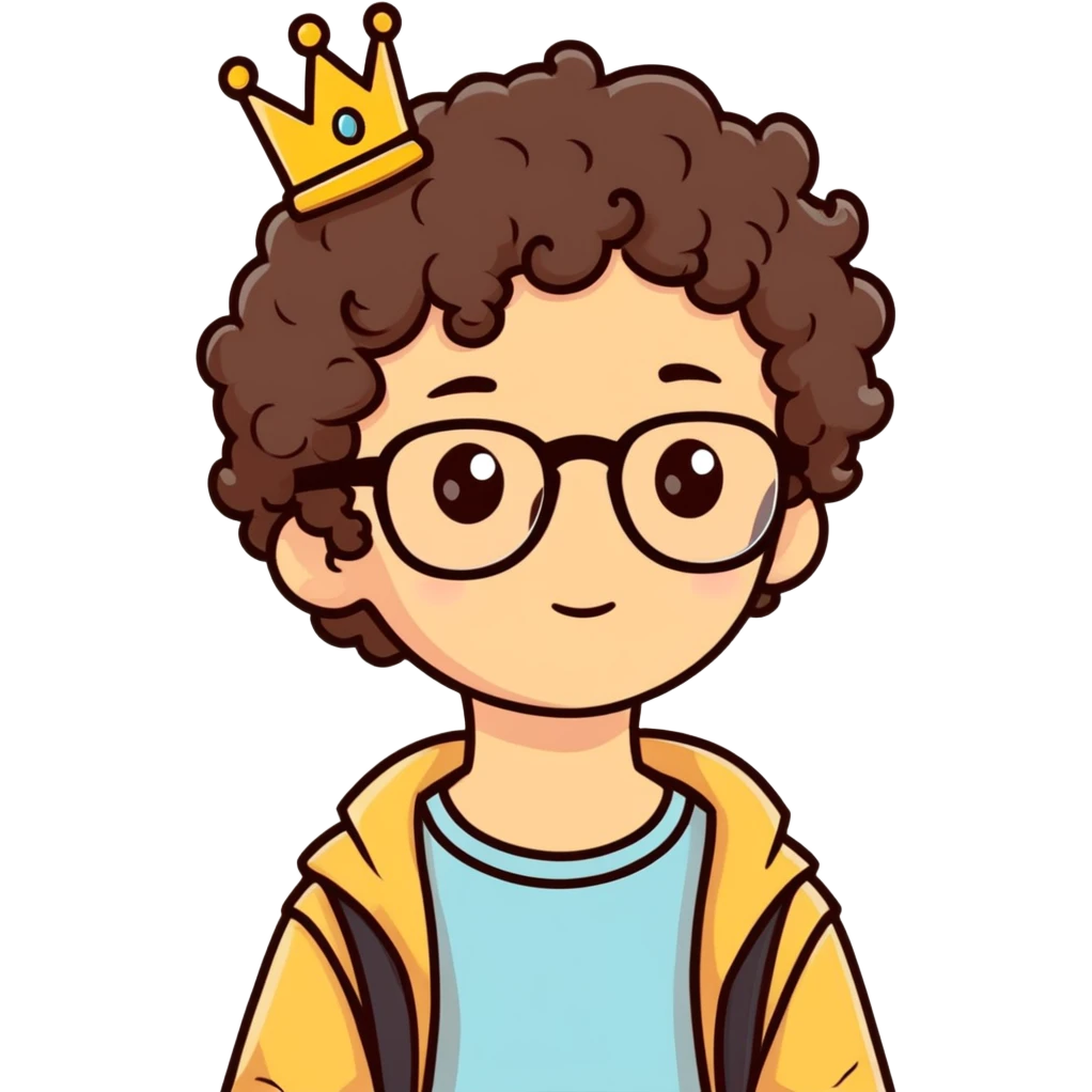 Brown eyed curly hair boy with crown and glasses emoji