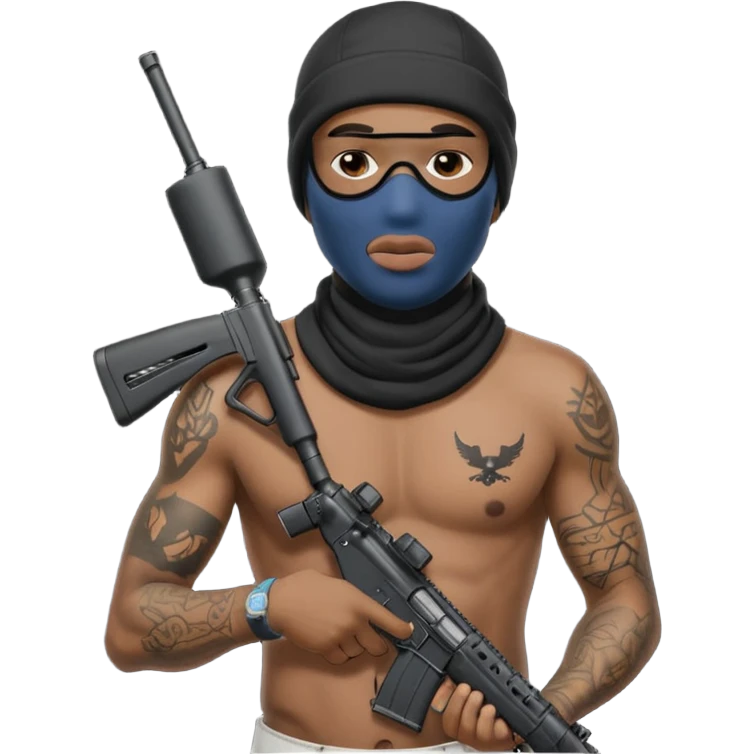 Ebony Crip gang member with no shirt an ski mask with tattoos all over holding AR 15 emoji