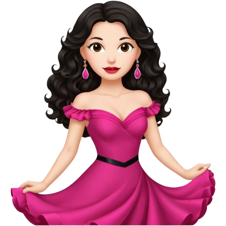 mature brunette girl, long black wavy hair, pink lipstick, red dance dress, big earrings, confident expression emoji