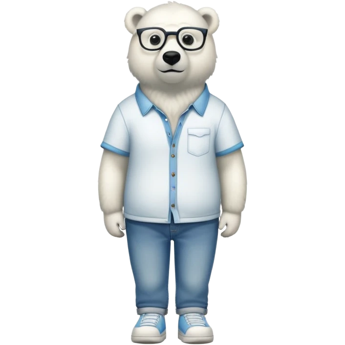 friendly anthropomorphised polar bear standing upright, looking relaxed, wearing a shirt, jeans, trainers, extravagant glasses emoji