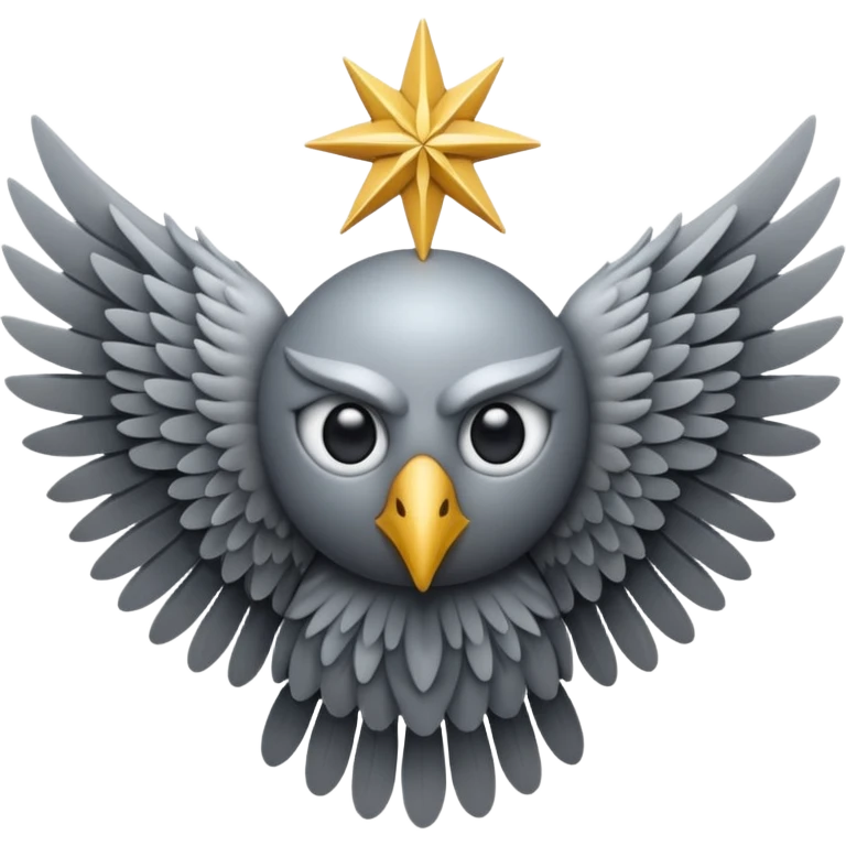 Vertical eye with six wings, A non-humanoid emoji in iOS style, shaped like a symmetrical star of six gray feathered wings, no human face, no head, no mouth or nose, only a single large eye in the center, surreal and celestial, resembling a biblical seraphim emoji