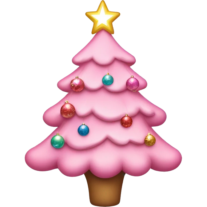 Cute pink Christmas tree with delicate ornaments, lights, and a sparkling star on top emoji