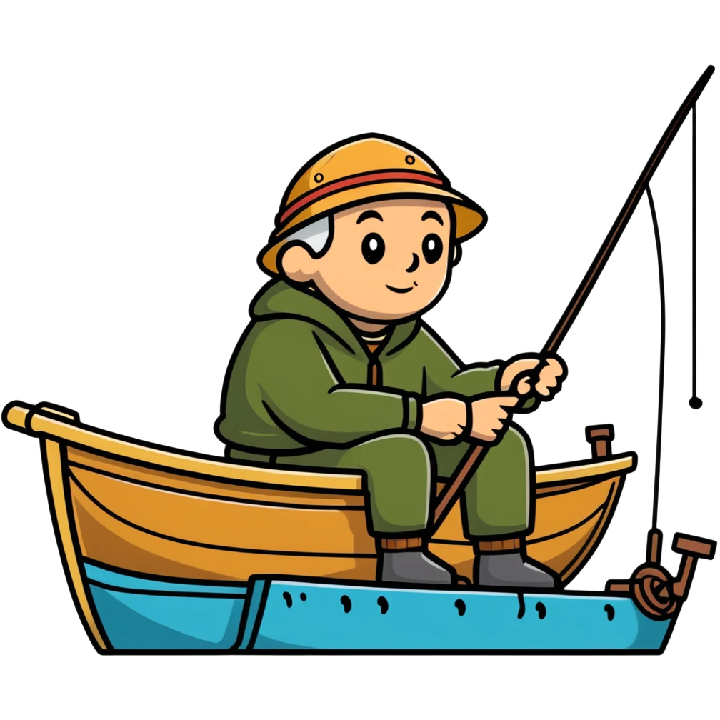 elderly fisherman sitting in boat with fishing rod emoji