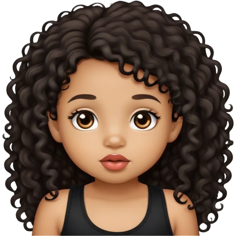 light brown skin tone, very adorable toddler, with big plump lips, long long lashes, black curly long hair, brown eyes, black tank top emoji