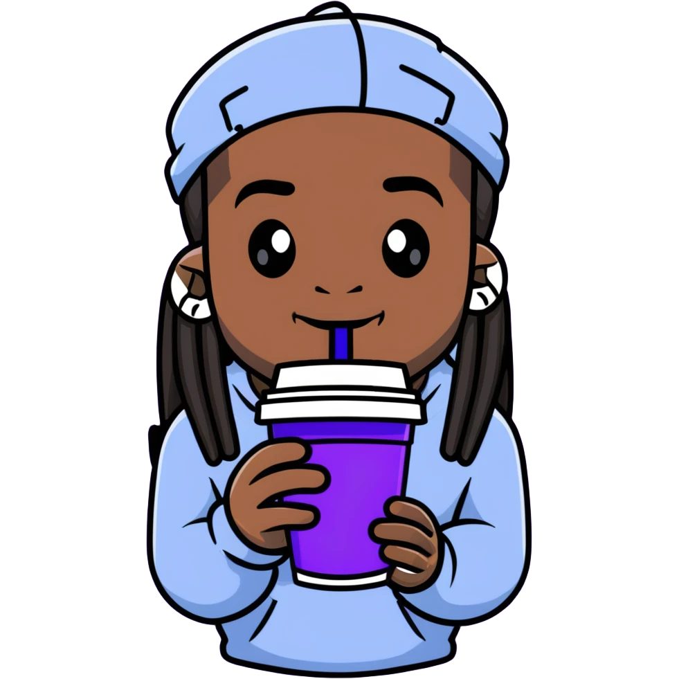 lil wayne with a double styrofoam cup containing purple drink emoji