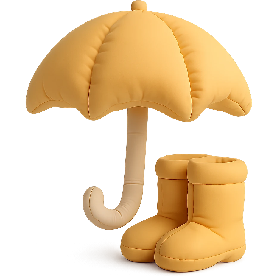 umbrella with matching rain boots, plush and rounded, cute, cushion style emoji