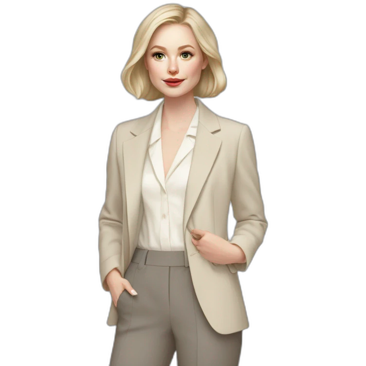 pale skin woman with ash blonde Straightened bob Hair, White Spacious classical jacket, beige palazzo Arrow pants and gray blouse holding a color palettes in the hands emoji