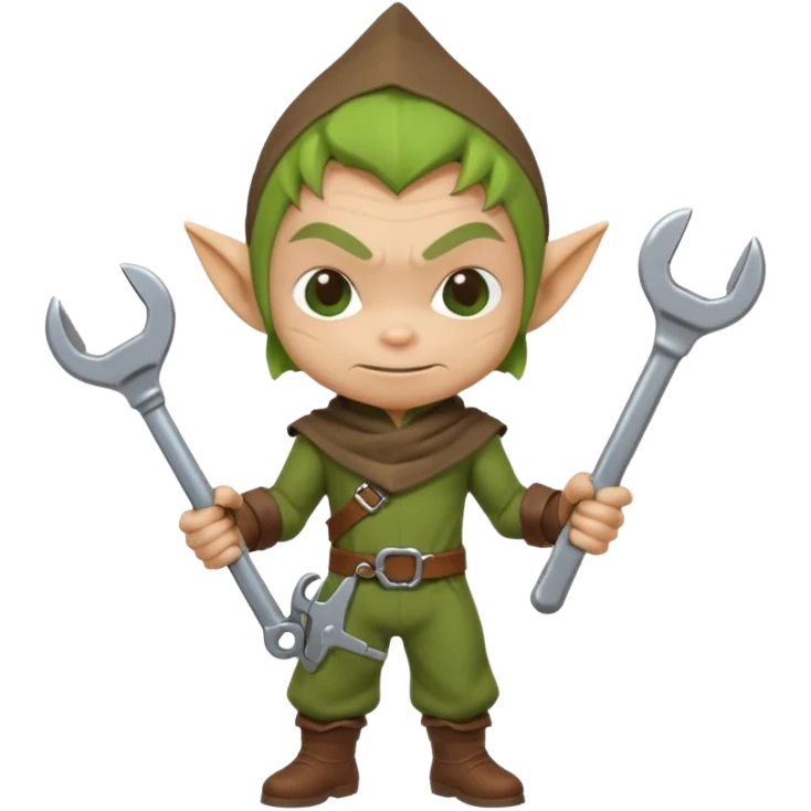 short green goblin, hold a wrench, brown cloth, cute chibi full body emoji