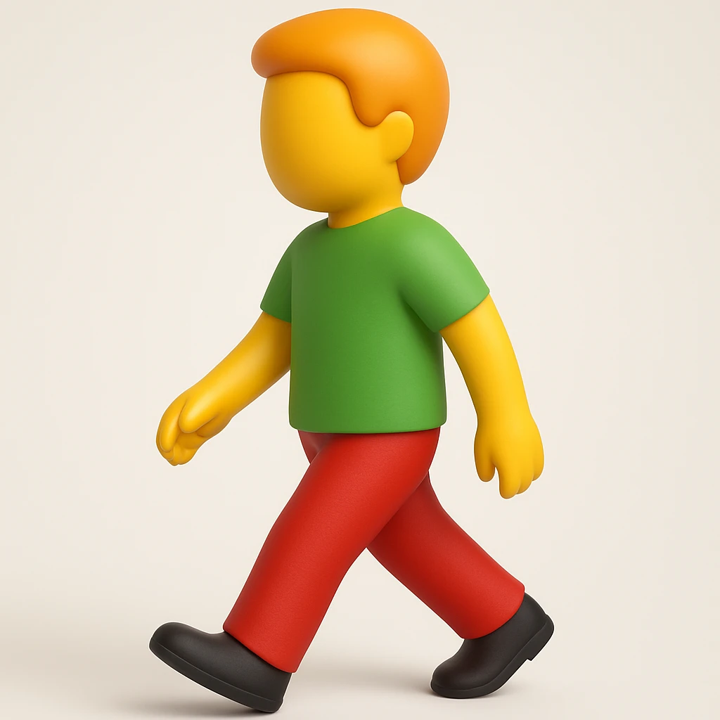Create a walking man emoji with moderate red pants and no face, in a 3D emoji style inspired by the reference image. Keep the pose and proportions similar to the original. emoji