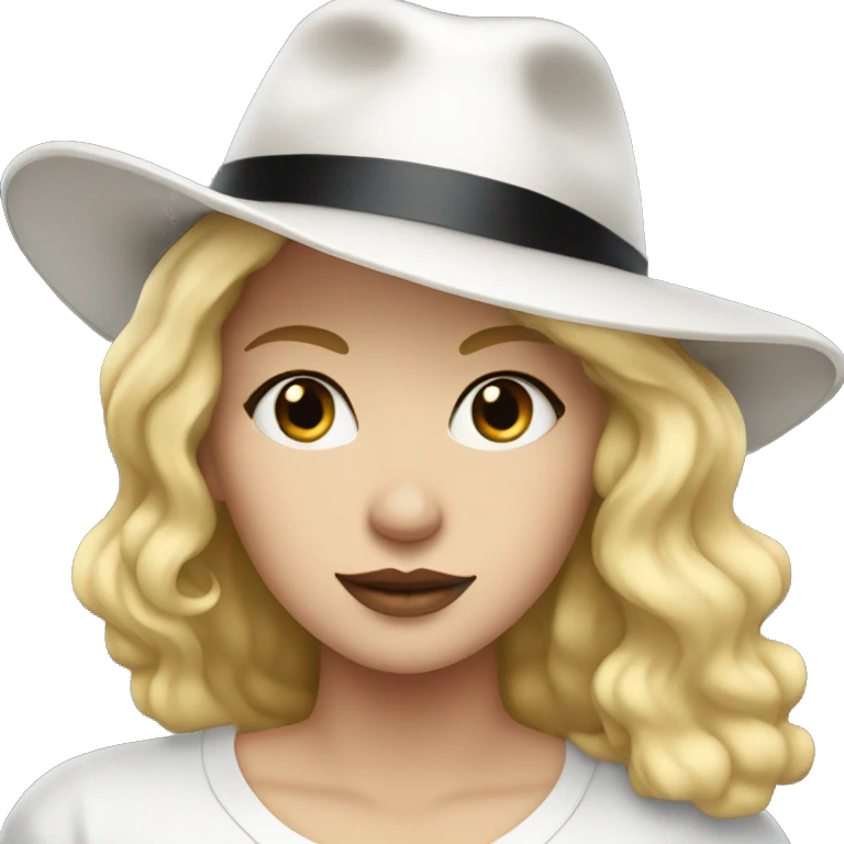 blonde white woman wearing an oversized plain glittery white tshirt + black fedora emoji